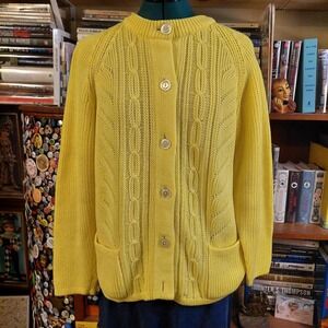 Vintage 80s Bright Yellow Cable Knit Cardigan Sweater with Pockets